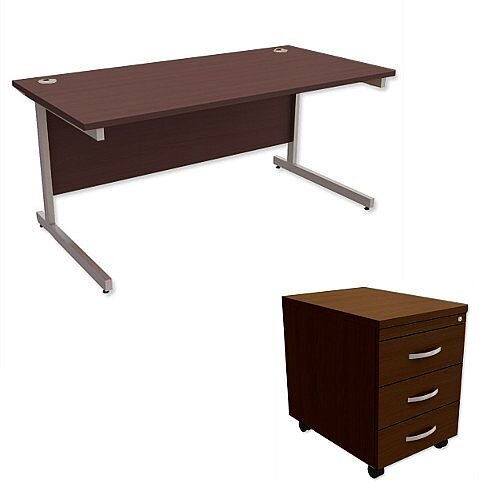 Office Desk Rectangular Silver Legs W1600mm With Mobile 3-Drawer Pedestal Dark Walnut Ashford Office Desk Rectangular Silver Legs W1600mm With Mobile 3-Drawer Pedestal Dark Walnut Ashford