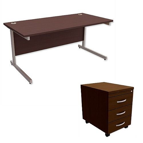 Office Desk Rectangular Silver Legs W1600mm With Mobile 3-Drawer Pedestal Dark Walnut Ashford