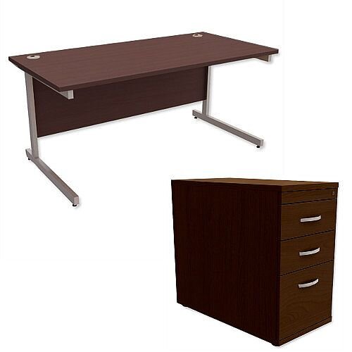 Office Desk Rectangular Silver Legs W1600mm With 800mm Deep Desk High Pedestal Dark Walnut Ashford