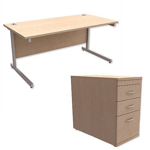Office Desk Rectangular Silver Legs W1600mm With 800mm Deep Desk High Pedestal Maple Ashford Office Desk Rectangular Silver Legs W1600mm With 800mm Deep Desk High Pedestal Maple Ashford