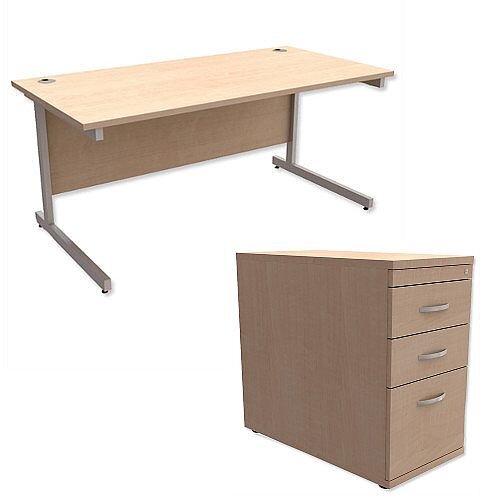 Office Desk Rectangular Silver Legs W1600mm With 800mm Deep Desk High Pedestal Maple Ashford