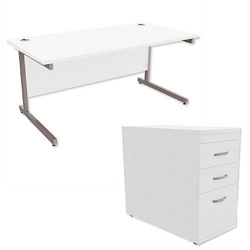 Office Desk Rectangular Silver Legs W1600mm With 800mm Deep Desk High Pedestal White Ashford