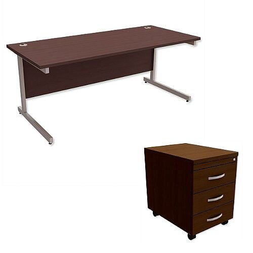 Office Desk Rectangular Silver Legs W1800mm With Mobile 3-Drawer Pedestal Dark Walnut Ashford Office Desk Rectangular Silver Legs W1800mm With Mobile 3-Drawer Pedestal Dark Walnut Ashford