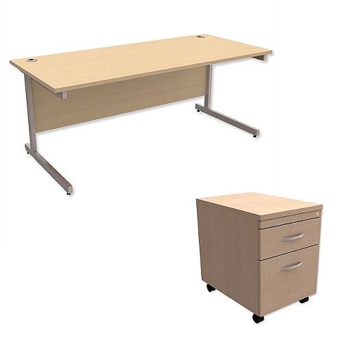 Office Desk Rectangular Silver Legs W1800mm With Mobile 2-Drawer Pedestal Maple Ashford