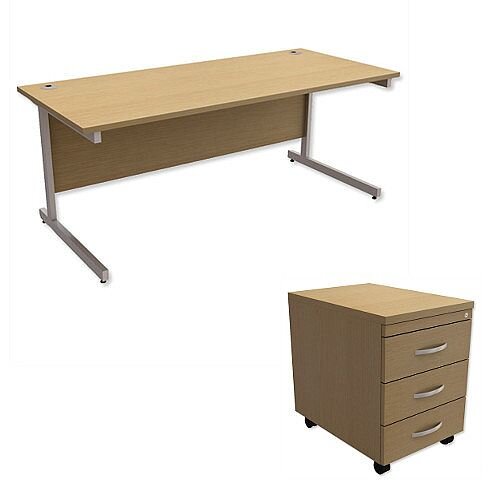 Office Desk Rectangular Silver Legs W1800mm With Mobile 3-Drawer Pedestal Urban Oak Ashford – Cantilever Desk & Extra Storage , 25 Year Warranty