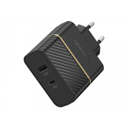 OtterBox Premium - Power adapter - propack - 30 Watt - 3 A - Apple Fast Charge, Fast Charge, PD 3.0 - 2 output connectors (USB, USB-C) - black