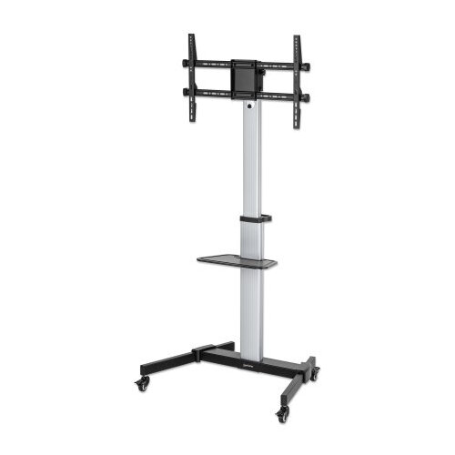 Manhattan TV & Monitor Mount, Trolley Stand, 1 screen, Screen Sizes: 37-86", -10 to 5° Tilt, 90° Rotation, Silver/Black, VESA 200x200 to 600x400mm, Max 50kg, Height adjustable 1200 to 1600mm, AV/Laptop shelf, Aluminium, LFD, Lifetime Warranty