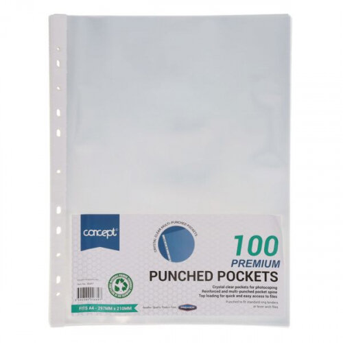 Concept Pack of 100 A4 45 Microns Punched Pockets - Secure Document Sleeves