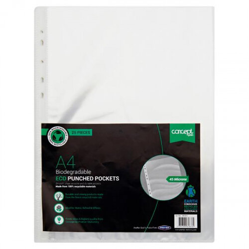 Concept Green A4 Biodegradable Punched Pockets 45 Microns Pack of 25 - Eco Document Holder