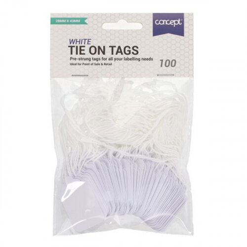 Concept Strung Tags 28x43mm White Pack of 100 - for Gift Wrapping, Crafts, and Labeling