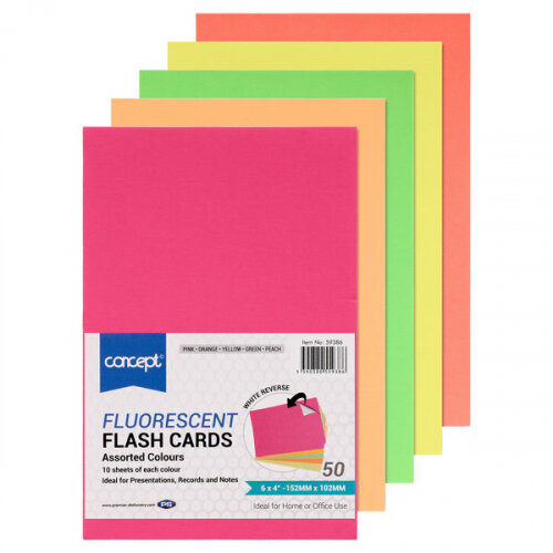 Concept Fluorescent Flash Cards 6x4 Inch Pack of 50 - Bright Study Aids