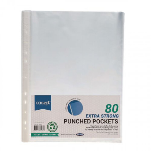 Concept Extra Strong A4 Punched Pockets 80 Microns Pack of 80 - Premium Document Protection