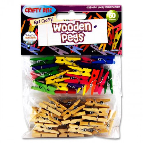 Crafty Bitz Wooden Pegs Pack of 50 - Assorted Colours for Creative Crafts