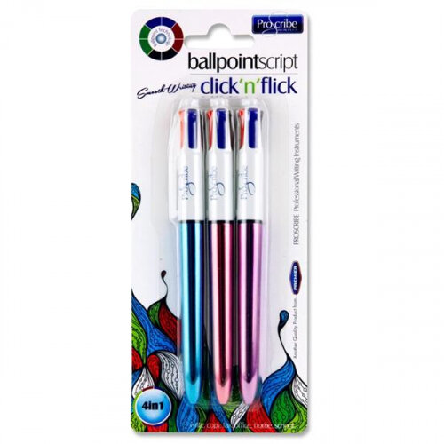 Proscribe 4-in-1 Ballpoint Pens Pack of 3 Assorted Colours - Four Functions in One