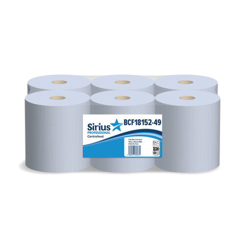 Sirius Pack of 6 2Ply Centrefeed Rolls 166mmx150M Blue BCF1815249