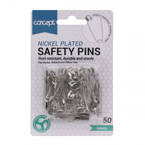 Concept 36mm Nickel Safety Pins Card of 50 - Durable and Reliable