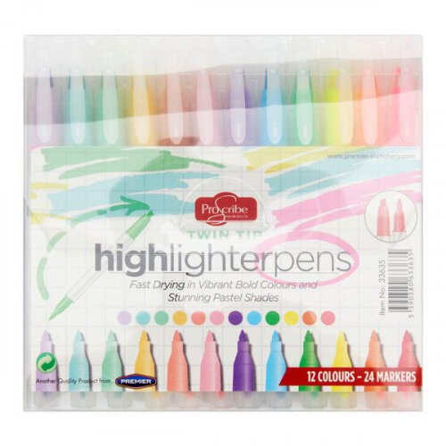 Proscribe Pack of 12 Twin Tip Pastel Highlighter Pens - Assorted 2