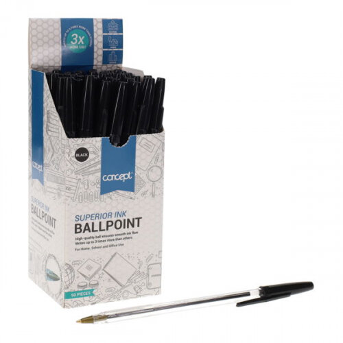 Concept Box 50 Ballpoint Pens Black Reliable for Daily Use