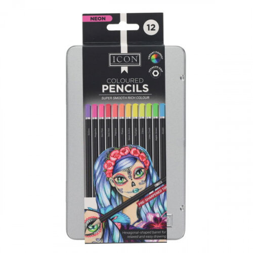Icon 12 Neon Colouring Pencils - Tin Box - Bold Colours for Creative Designs