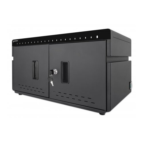 Manhattan Charging Cabinet/Cart via USB-C x20 Devices, Desktop, Power Delivery 18W per port (360W total), Suitable for iPads/other tablets/phones, Bays 264x22x235mm, Device charging cables not included, Silent Ventilation, Lockable (2 keys), EU & UK power