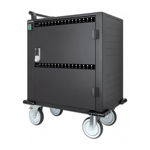 Manhattan Charging Cabinet/Cart via USB-C x32 Devices, Trolley, Power Delivery 18W per port (576W total), Suitable for iPads/other tablets/phones/smaller chromebooks, Bays 330x22x235mm, Device charging cables not included, Lockable (PIN code), EU & UK pow