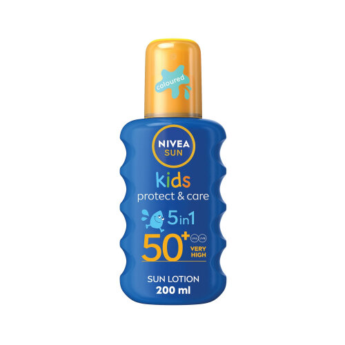 Nivea Sun Kids Protect and Care Coloured Sun Cream Lotion Spray 5in1 SPF 50+ 200ml C009317