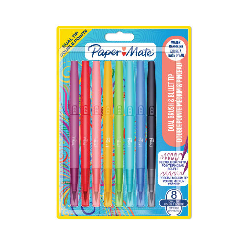 Paper Mate Flair Dual Felt Tip Brush + Medium Tip Assorted (Pack of 8) 2199386