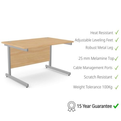 Office Desk - Rectangular Beech Top & Silver Cantilever Legs W1200xD800xH725mm Ashford 15 Year Guarantee