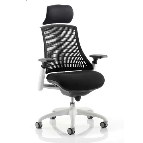 Flex Task Operator Office Chair White Frame Black Fabric Seat With Black Back With Arms & Headrest