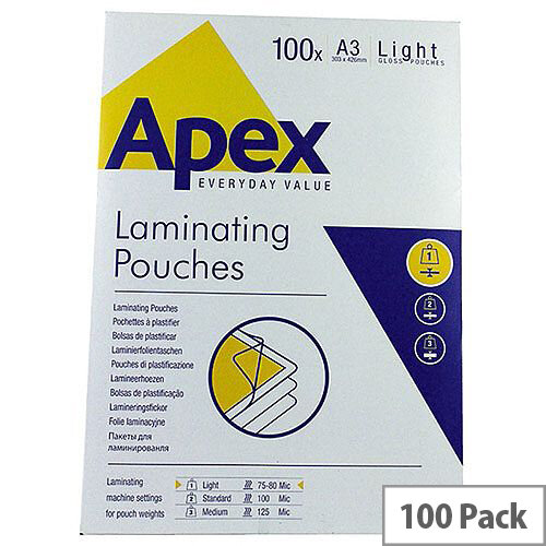 Fellowes Apex Laminating Pouch A3 Light Duty Clear Pack of 100 Fellowes Apex Laminating Pouch A3 Light Duty Clear Pack of 100