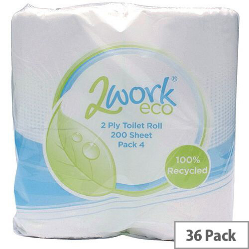 2Work ECO Toilet Tissue Paper Rolls White Roll 2-Ply 200 Sheet Pack of 36 Rolls T22006