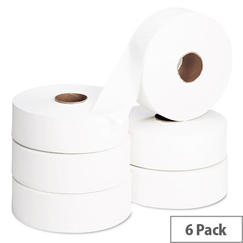 2Work Jumbo 60mm Core Dispenser Dispenser Toilet Paper Rolls Refills 2-Ply 410m White Pack of 6 J26410