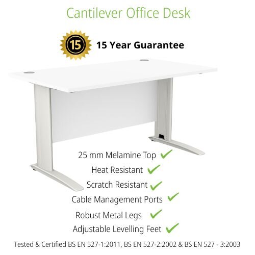 Cantilever Office Desk Rectangular With White Cable Managed Leg W1400xD800xH725mm White Komo