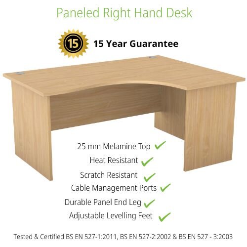 Radial Right Hand Corner Office Desk - Panel End - W1600xD1200xH725mm - Beech