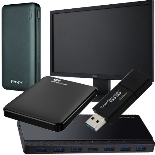 Working from Home Office Bundle Kit - Computer Monitor 21.5 Inches Full HD, USB Stick 32 GB - USB 3.0, Fast and Portable External HDD 1TB, Power Bank 10.000 mAh, 7 USB 3.0 Ports HUB - All in One Set