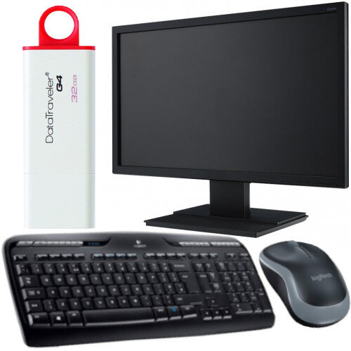 Basic Office Bundle Kit - Computer Monitor LED 21.5 Inches, USB Flash Drive 32 GB USB 3.0, Wireless Keyboard and Mouse Combo - All in One Set