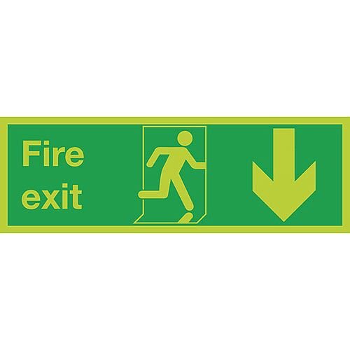 Safety Sign Niteglo Glow In The Dark Fire Exit Running Man Arrow Down 150x450mm Self-Adhesive Safety Sign Niteglo Glow In The Dark Fire Exit Running Man Arrow Down 150x450mm Self-Adhesive