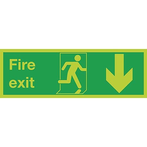 Safety Sign Niteglo Glow In The Dark Fire Exit Running Man Arrow Down 150x450mm Self-Adhesive