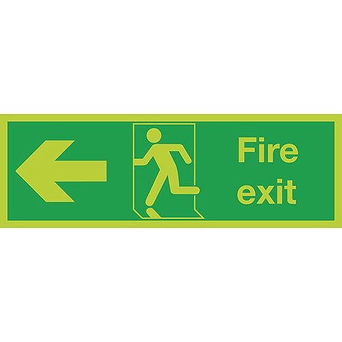 Safety Sign Niteglo Glow In The Dark Fire Exit Running Man Arrow Left 150x450mm Self-Adhesive Vinyl