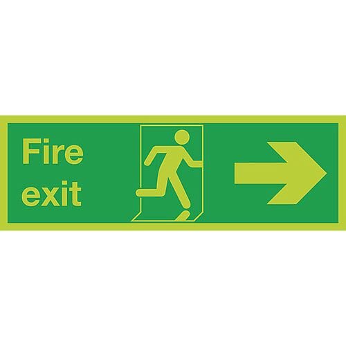 Safety Sign Niteglo Glow In The Dark Fire Exit Running Man Arrow Right 150x450mm Self-Adhesive Vinyl