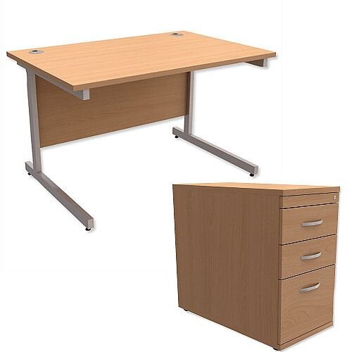 Office Desk Rectangular Silver Legs W1200mm With 800mm Deep Desk High Pedestal Beech Ashford