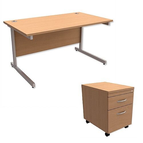 Office Desk Rectangular Silver Legs W1400mm With Mobile 2-Drawer Pedestal Beech Ashford