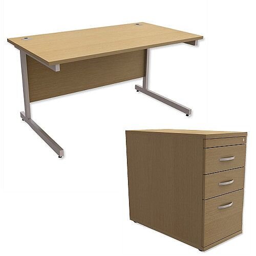 Office Desk Rectangular Silver Legs W1400mm With 800mm Deep Desk High Pedestal Urban Oak Ashford  – Cantilever Desk & Extra Storage , 25 Year Warranty