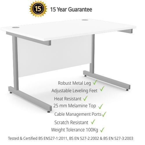 Office Desk Rectangular Silver Cantilever Legs W1200xD800xH725mm White Ashford
