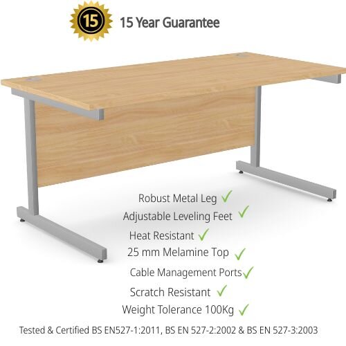 Office Desk Rectangular Beech Top & Silver Cantilever Legs W1600xD800xH725mm Ashford - 15 Year Guarantee