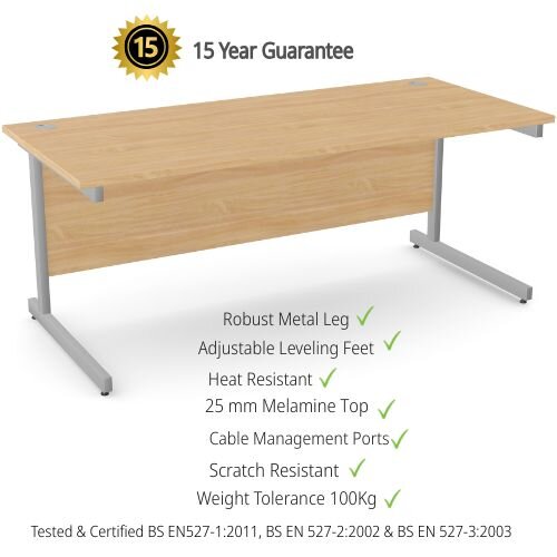 Office Desk Rectangular Silver Cantilever Legs W1800xD800xH725mm Beech Ashford