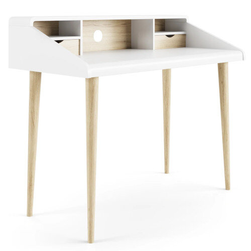 Yeovil Home Office Desk White & Sonoma Oak with Raised Monitor Mount & Two Drawers & Shelves W1194xD584xH965mm