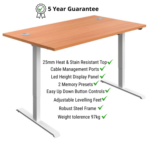 Electro Elevate Electric Single Motor Height Adjustable Sit Stand Office Desk W1400xD800 Beech Top White Frame 5 Year Warranty