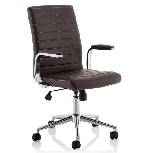 Ezra Executive Office Chair - Brown Leather Seat & Back - Chrome Base - Fixed Padded Arms