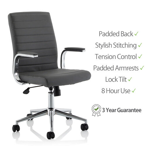 Ezra Executive Office Chair - Grey Leather - Chrome Base - Fixed Padded Arms - Stylish Design  - 3 Years Warranty - front view